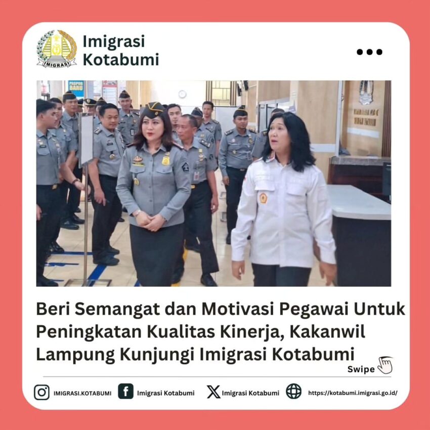 Kepala Kantor Wilayah Kementerian Hukum dan HAM (Kemenkumham) Lampung, Sorta Delima Lumban Tobing, beserta rombongan melakukan kunjungan kerja ke Kantor Imigrasi Kelas II Non TPI Kotabumi. 