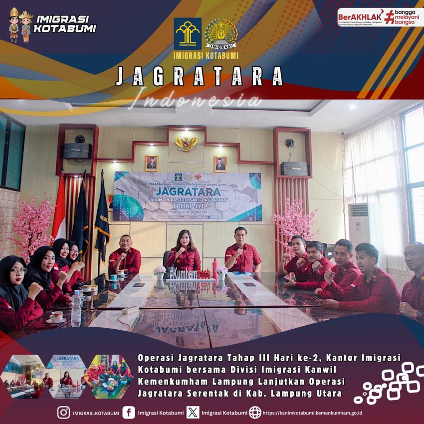 Imigrasi Kotabumi bersama Divisi Imigrasi Kanwil Kemenkumham Lampung melanjutkan kegiatan Operasi Pengawasan Jagratara Tahap III di wilayah yang ditempati oleh orang asing di Kotabumi, Kabupaten Lampung Utara.