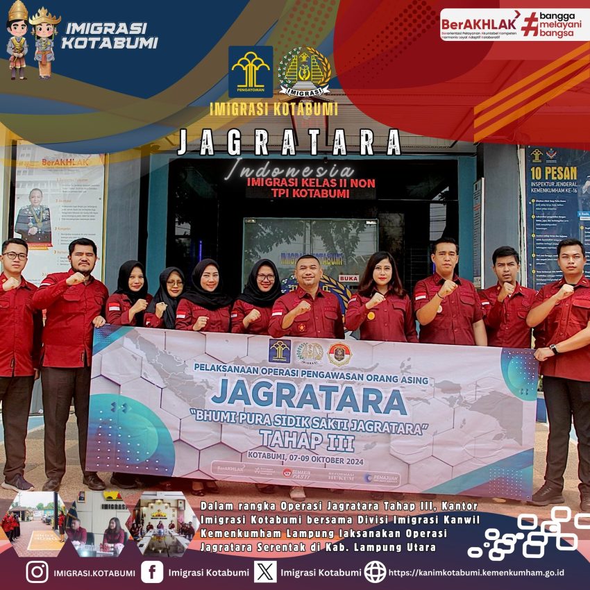 Dalam rangka Operasi Jagratara Tahap III, Kantor Imigrasi Kotabumi bersama Divisi Imigrasi Kanwil Kemenkumham Lampung laksanakan Operasi Pengawasan Jagratara di perusahaan yang mempekerjakan Tenaga Kerja Asing di Kabupaten Lampung Utara.
