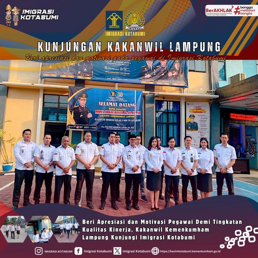 Kepala Kantor Wilayah Kementerian Hukum dan HAM (Kemenkumham) Lampung, Dodot Adikoeswanto, Bc.I.P.,S.H.,M.H, beserta rombongan melakukan kunjungan kerja ke Kantor Imigrasi Kelas II Non TPI Kotabumi.