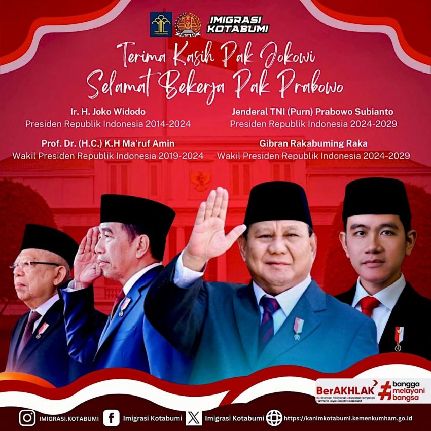 Keluarga besar Kantor Imigrasi Kelas II Non TPI Kotabumi mengucapkan selamat atas pelantikan Presiden dan Wakil Presiden Republik Indonesia Periode 2024-2029, Bapak Jend. TNI (Purn) Prabowo Subianto dan Gibran Rakabuming Raka