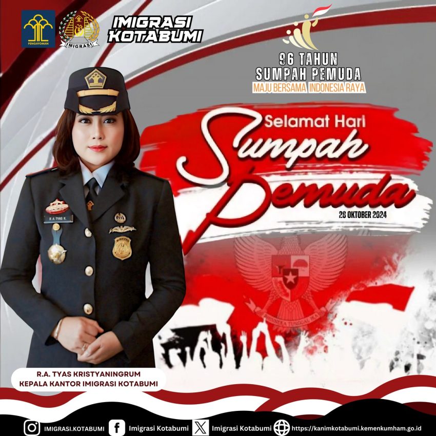 Kepala Kantor Imigrasi Kelas II Non TPI Kotabumi beserta Jajaran mengucapkan Selamat Hari Sumpah Pemuda yang ke 96 Tahun.